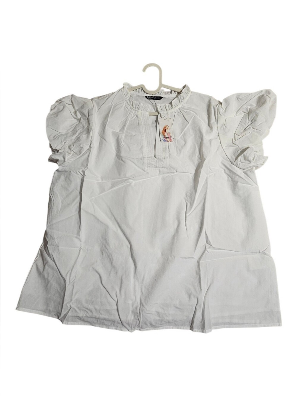 PrettyGarden Women's White Ruffle-Neck Puff Sleeve Blouse